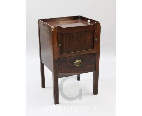 A George III mahogany tray top commode, with tambour compartment and drawer, W.1ft 8in.