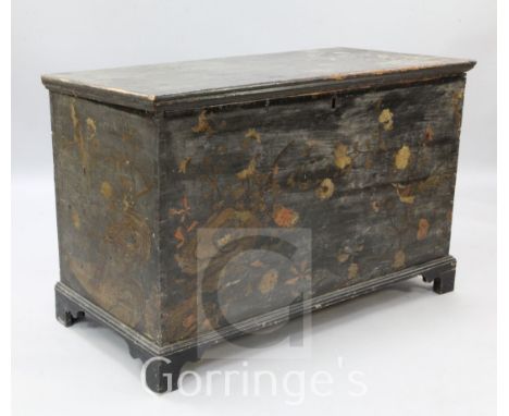 An antique pine trunk, painted and lacquered with chinoiserie style decoration, W.4ft