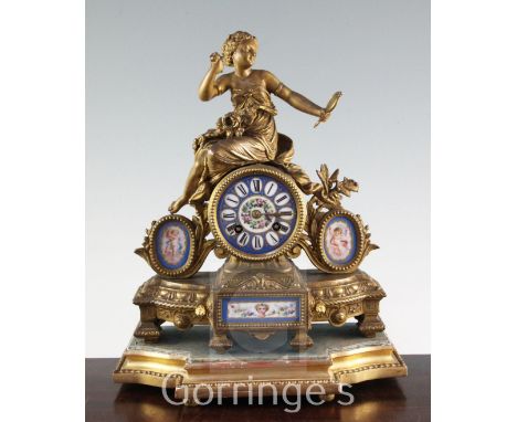 A 19th century French ormolu and Sevres style porcelain mantel clock, 12in.