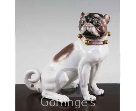 A Dresden porcelain model of a seated Pug dog, early 20th century, blue printed mark and impressed no. X1457B, 17.5cm