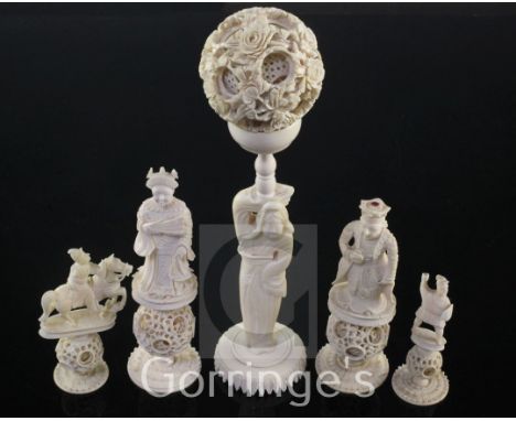 A Chinese export ivory puzzle ball and stand and four similar ivory chess pieces, 19th / early 20th century, 6.5cm - 21cm