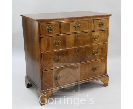 A mid 18th century walnut chest, with three short and three long drawers, on bracket feet, W.3ft 2in.