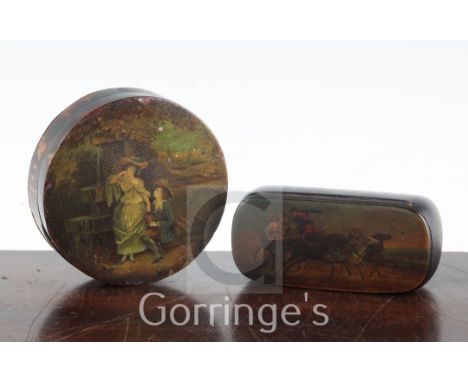 An early 19th century tortoiseshell snuff box, decorated with lovers beside a well, 3.5in. and a Russian papier mache snuff b