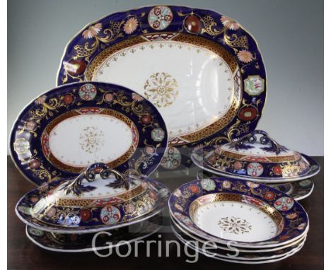 An Ashworth Bros Japan pattern Real Ironstone china part dinner service, c.1885, each piece with rich cobalt blue borders, pr