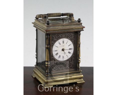 A late 19th century French brass hour repeating carriage clock, with enamelled dial signed Axam'd by Clerk, Royal Exchange, L