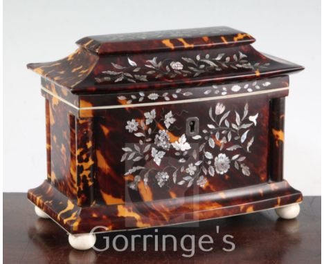An early Victorian mother of pearl inlaid tortoiseshell tea caddy, of bowfronted form, the underside stamped W. Tompson Birmh