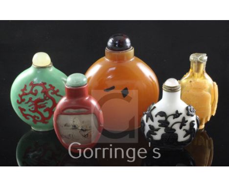 Five Chinese glass and enamel snuff bottles, late 19th / 20th century, two in overlaid glass, one with 'a hundred antiques', 
