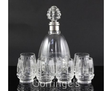 A Bohemian silver mounted cut glass decanter and stopper and six matching small tumblers, decanter 25cm