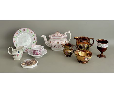 A small collection of 19th century English pottery - including a mid-19th century Sunderland pink lustre teapot, silver-shape
