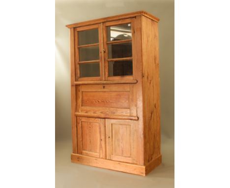A 19th century waxed pine secretaire bookcase - the flared cavetto cornice over a pair of 3-pane glazed doors enclosing two f