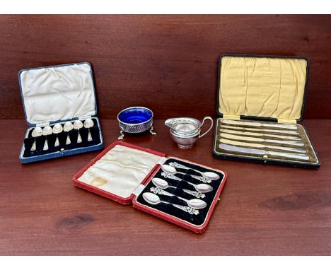 A mixed lot of silver and silver plate to include three cased sets - 1. six coffee spoons, William Adams, Birmingham 1936, th