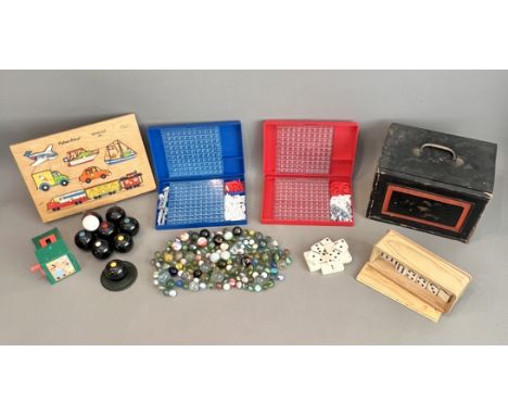 A small collection of vintage toys and games - including a Mah Jong set in a lacquered box, with four walls; a set of eight B