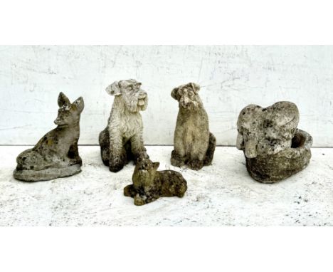 Four&nbsp;well weathered composite stone garden ornaments of dogs - together with a seated fox, max height 34cm. (5)