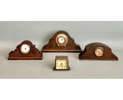 Four 1930s-40s desk and mantel clocks and barometer - including an art deco style chrome and brass cased desk or bedside cloc