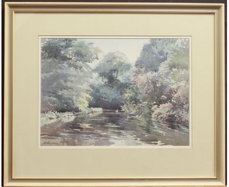 Albert B Houghton, AMC FRSA (British, 1906-1997) two watercolours of Surrey landscapes, comprising: 1. 'The Water-Meads, Mitc