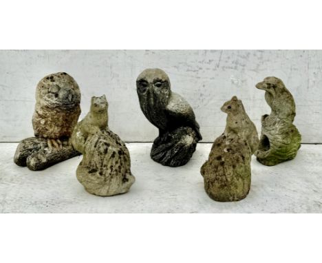 Five&nbsp;well weathered composite stone garden ornaments - comprising two owls; a kingfisher; and two squirrels, max height 