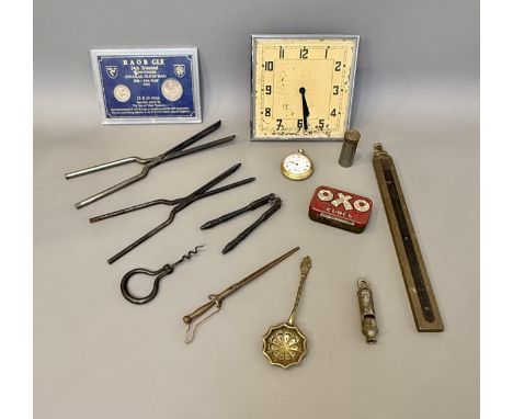 A small group of antique and vintage collectables - including an Art Deco period square table or desk clock with chrome bezel
