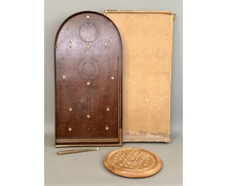 A vintage 1930s bagatelle game - with brass cups and turned beech wood baton, 76.2cm long; together with a late 20th century 