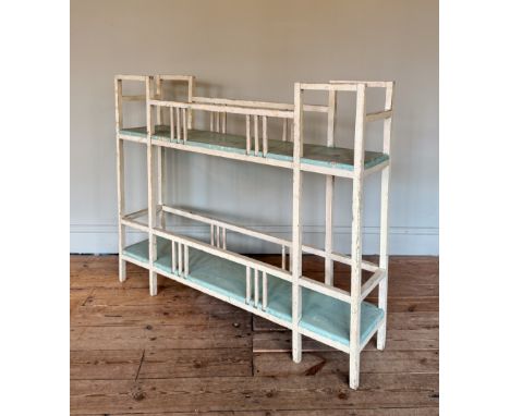 An Art Deco period two-tier room divider shelf unit or plant stand - 1930s-40s, painted in pale blue and turquoise. (LWH 139 