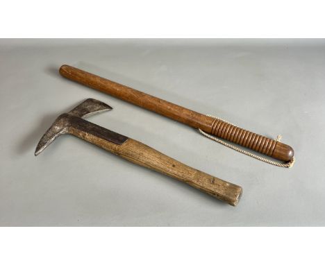 A vintage fireman's axe - with ash handle and iron head, 38.7cm long; together with a vintage turned beech wood policeman's t