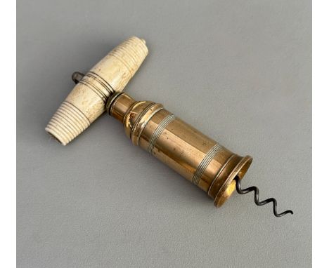 A 19th century Thomason Patent double action brass corkscrew - with turned bone handle (with remnants of brush), 17.5cm long.