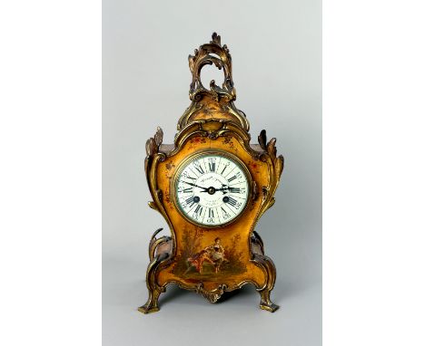 A 19th century Vincenti &amp; Cie ormolu and painted mantel clock, 4 in. dial, 39cm high.* Winds, runs and strikes when catal