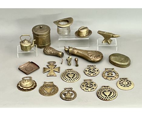 A small collection of antique and vintage brass ware - including two 19th century powder flasks, one by S &amp; J W Hawksley 