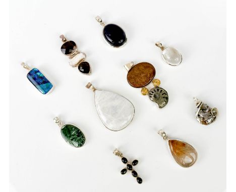 Ten mixed gemstone and fossil sterling silver pendants: 1. rainbow moonstone; 2. bronzite, citrine, pyrite ammonite fossil; 3