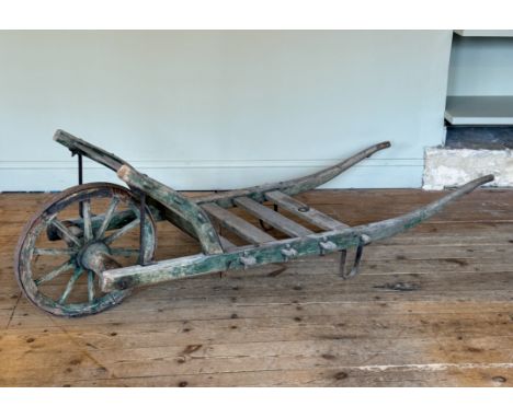 A French antique pine market trader's vegetable hand cart or produce barrow - with a slatted bed and pegged mortice and tenon