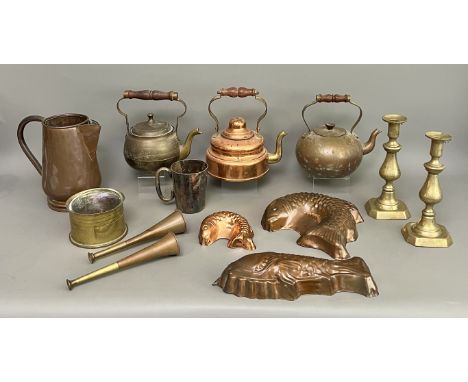 A collection of copper and brass ware - including a trench art shell case low vase, 8.5cm high; a pair of 19th century brass 