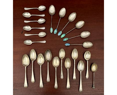 An assortment of silver tea and coffee spoons - 1. a set of six New Zealand silver teaspoons with abalone terminals;  2. a se