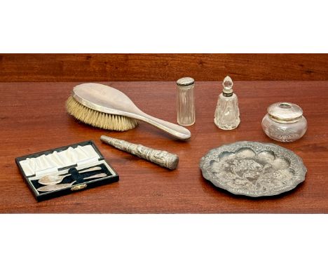 Seven silver, white metal and silver mounted items - comprising a lobed white metal dish, repouss&eacute; decorated with flow