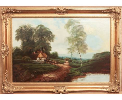 English School (late 19th / early 20th century) A figure with cattle outside a thatched cottage in a landscape oil on canvas,