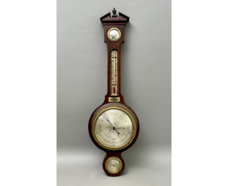 A 1930s mahogany aneroid wheel barometer - by Frederick Thorn of Coventry, with architectural pediment, convex mirror, alchoh