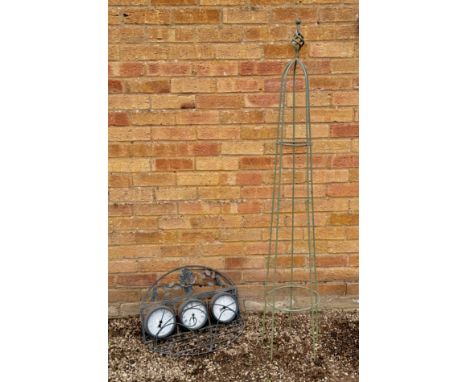 A French grey finished garden sweet pea obelisk - together with a three dial garden clock / thermometer / humidity meter (not
