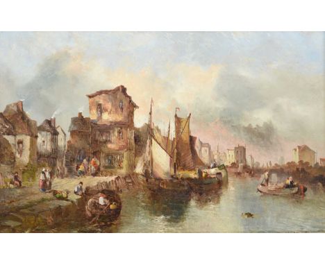 Alfred Montague (1832-1883) Continental river town with loaded barge and market stalls Sailing and shipping vessels beside a 