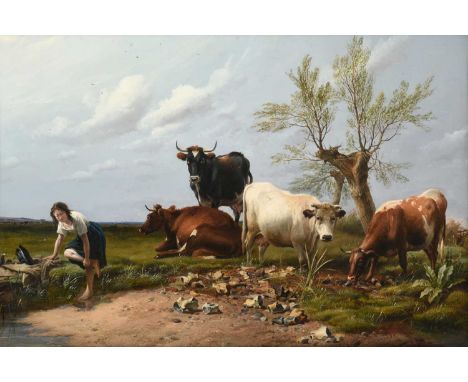 Thomas Sidney Cooper RA (1803-1902) "The Rustic Footbath"Signed and dated 1883, oil on panel, 40cm by 60cmProvenance: Oakham 