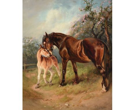 William Woodhouse (1857-1939)Mare and foal before a tree in blossom Signed, oil on canvas, 59cm by 49cmBears Christie's stenc