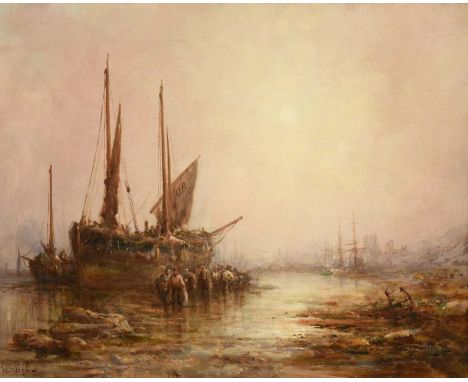 William Edward Webb (1862-1903)Unloading the Oban fish boatsSigned, oil on canvas, 40cm by 50cmProvenance: Walker Galleries, 