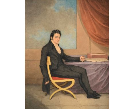 Adam Buck (1759-1833) Irish Portrait of a gentleman sitting at a desk in an interiorSigned and dated 1809, watercolour, 35.5c