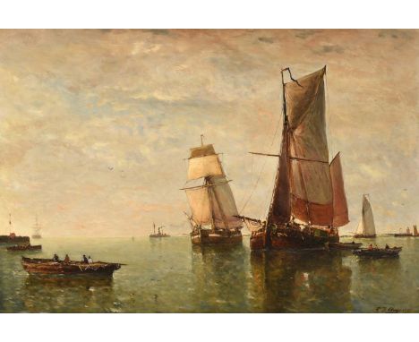 Paul Jean Clays (1819-1900) BelgianAnchored boats and rowing boats off a pierSigned and dated 1875, oil on canvas, 73.5cm by 