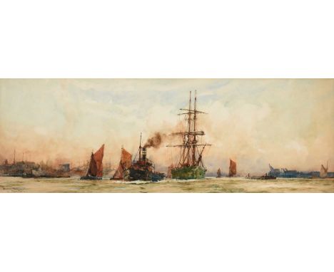 Charles Edward Dixon RI (1872-1934)"Blackwall Reach"Signed, inscribed and dated (19)02, watercolour heightened with white, 26