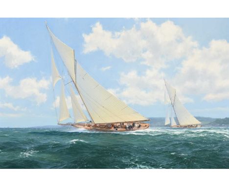 John Steven Dews (b.1949)“White Heather II battling it out with Britannia off Fishburne Cowes” Signed, oil on canvas, 59cm by