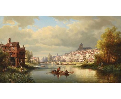 Charles Euphrasie Kuwasseg (1838-1904) FrenchFishermen hauling in nets on a Continental river with market stalls on the banks