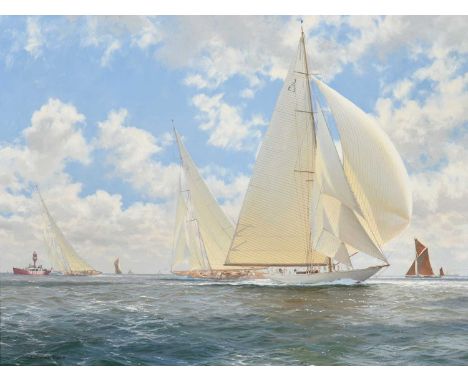 John Steven Dews (b.1949)“Shamrock Racing, Velsheda & Britannia Thames Estuary, c.1930”Signed, inscribed verso, oil on canvas