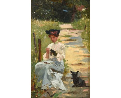 Henry John Yeend King RBA, VPRI, ROI (1855-1924)An elegant lady at rest by a country path with her dogInitialled, oil on boar