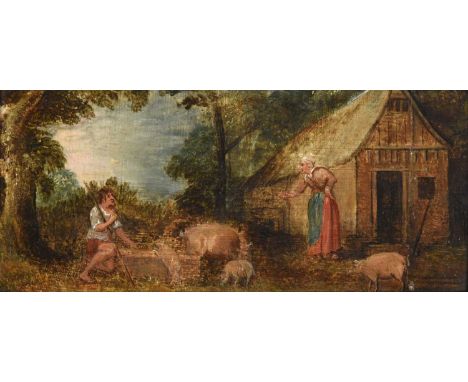 Flemish School (17th Century) The Prodigal Son seeking work as a swineherd The Prodigal Son feeding the swineOil on panel, 10