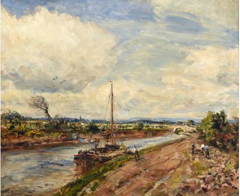 Herbert Royle (1870-1958)Canal scene on a blustery daySigned, with fragments of an original artist's label verso, oil on canv