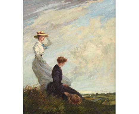 Percy Lancaster RI, RBA, ARE, RCam A (1878-1951)Two elegant ladies on a hill before an extensive landscape Signed, inscribed 