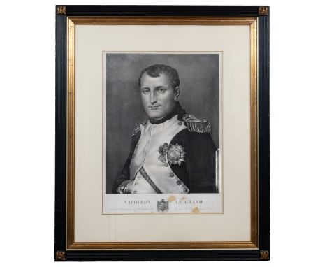 A decorative print of Napoleon 'Le Grand', the portrait print with inscription beneath.The picture 51cm diameter x 70cm high.
